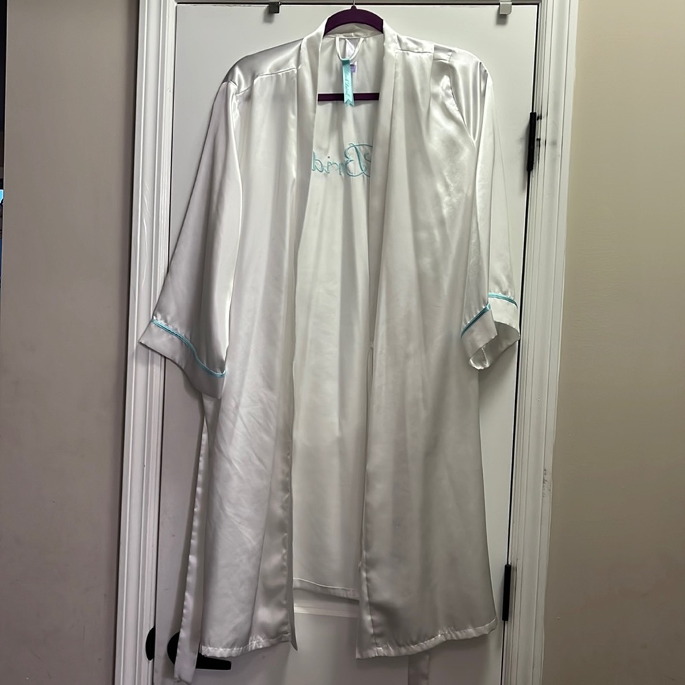 pure white satin Bride knee length robe with baby blue detail